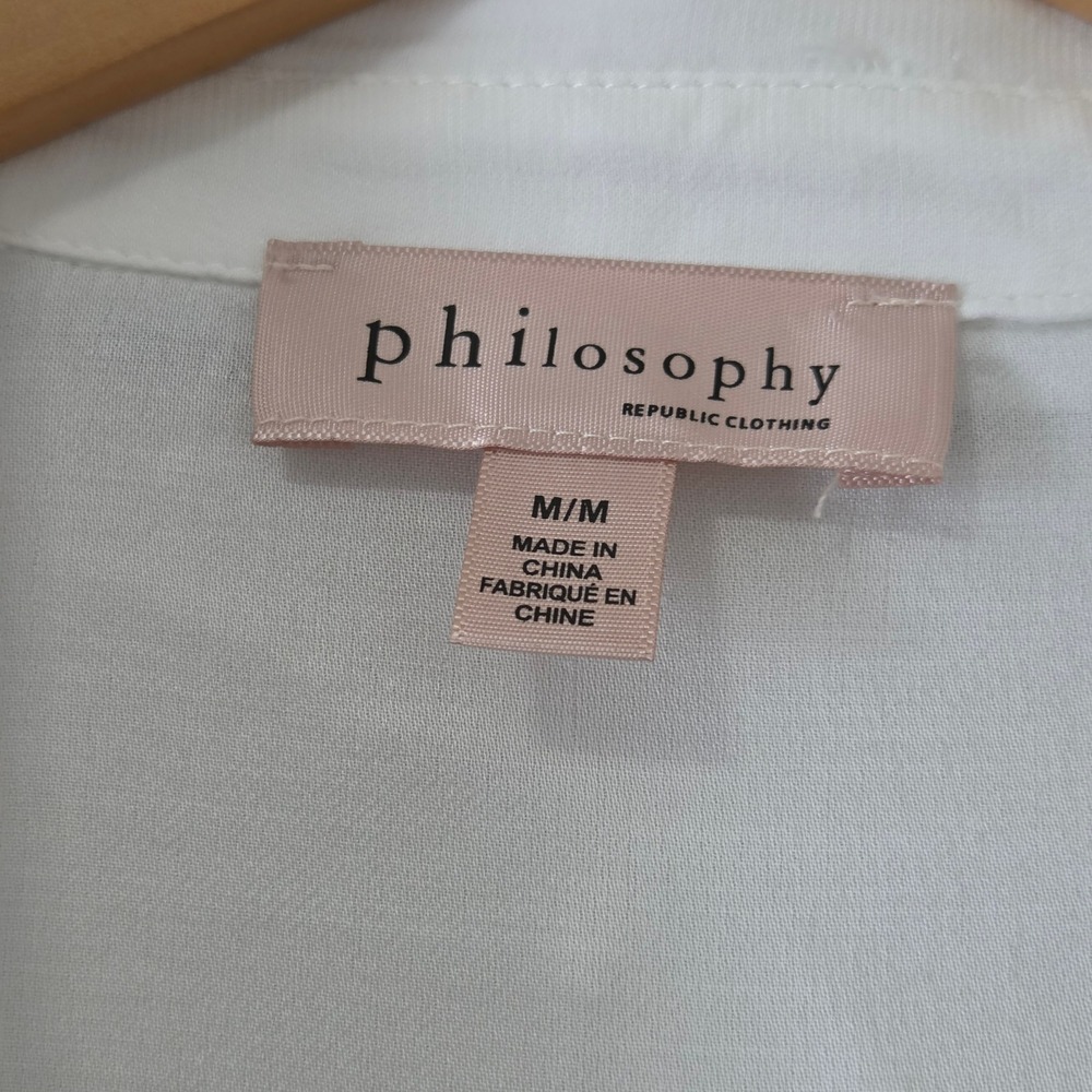 Philosophy Republic Clothing White Viscose Button Down Blouse Black Piping Med - Picture 4 of 6